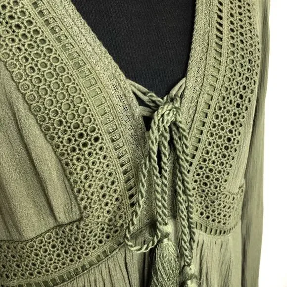 Torrid army olive green slit sleeve tassel boho peasant dress size 0 or Large - Picture 9 of 16